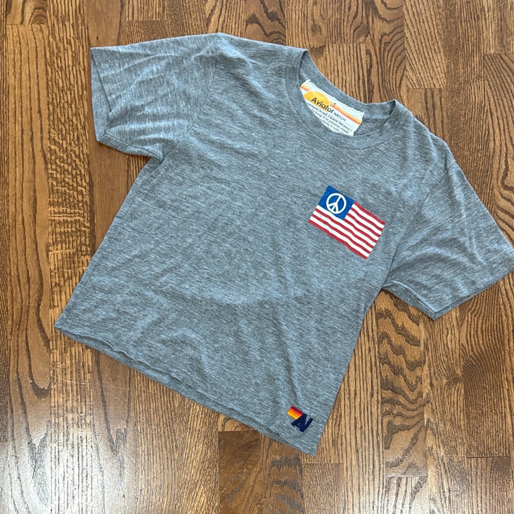Aviator Nation Women’s patriotic T-Shirt with Peace Flag Patch